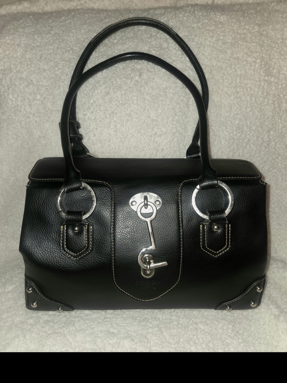 Vintage/Antique Prada Black Leather Satchel with Silver Hook Lock Hardware - Picture 1 of 5